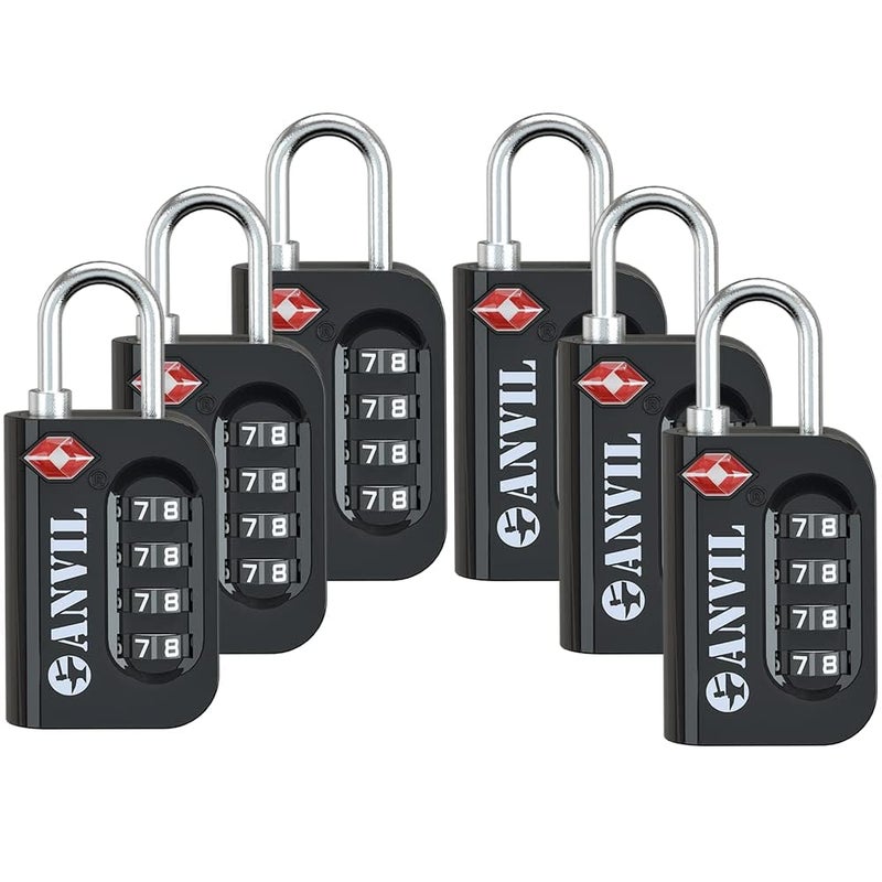 ANVIL TSA Approved Luggage Lock - 4 Digit Combination, 10,000 Combinations, Easy-Read Password Window, Travel Lock for Suitcases, Backpacks, Gym & Student Lockers, Baggage (Black 6 Pack) - Image 1